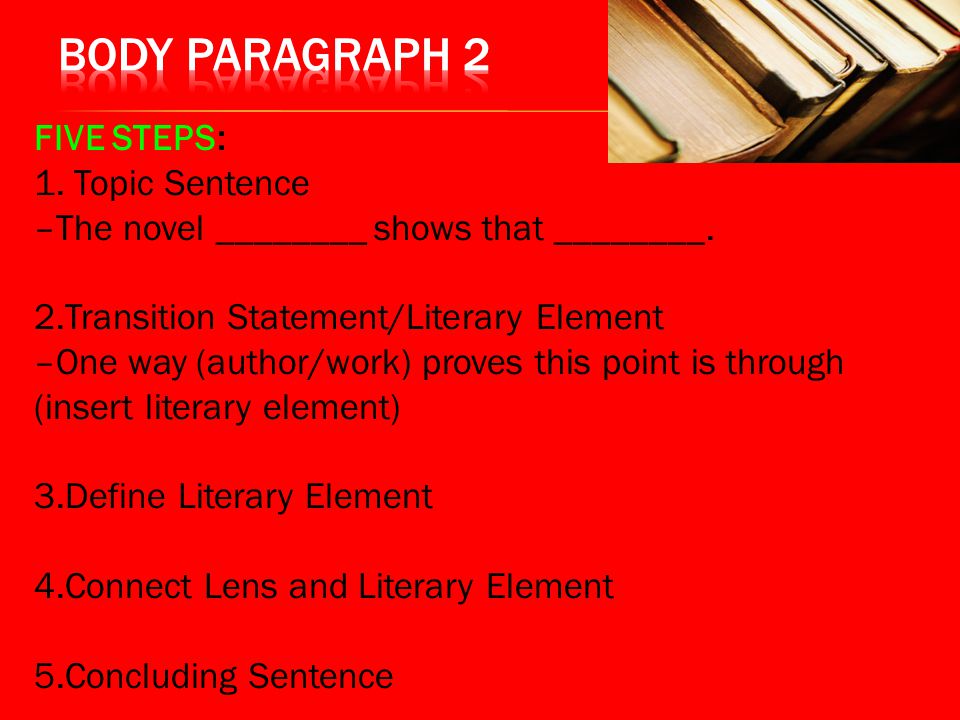 Body Paragraph 2 FIVE STEPS: 1. Topic Sentence