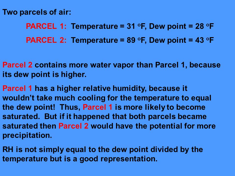 Two parcels of air: PARCEL 1: Temperature = 31 oF, Dew point = 28 oF. PARCEL 2: Temperature = 89 oF, Dew point = 43 oF.