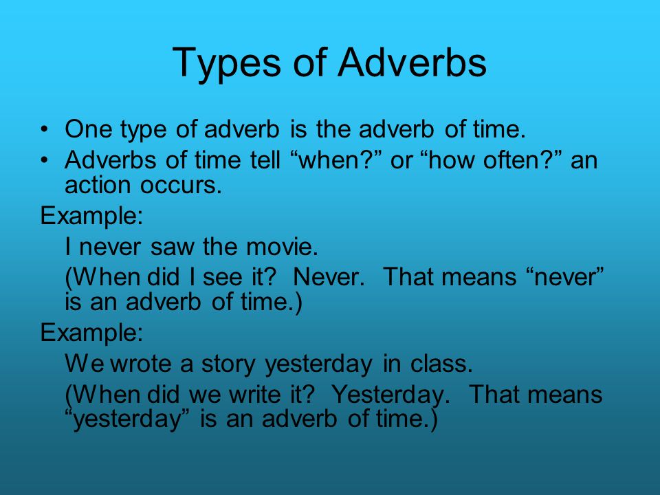 Types of Adverbs One type of adverb is the adverb of time.