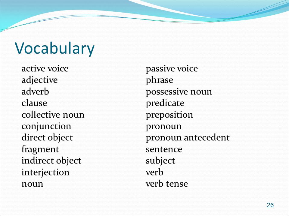 Vocabulary active voice adjective adverb clause collective noun
