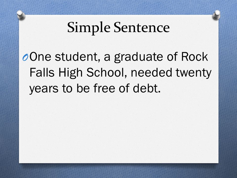 Simple Sentence One student, a graduate of Rock Falls High School, needed twenty years to be free of debt.