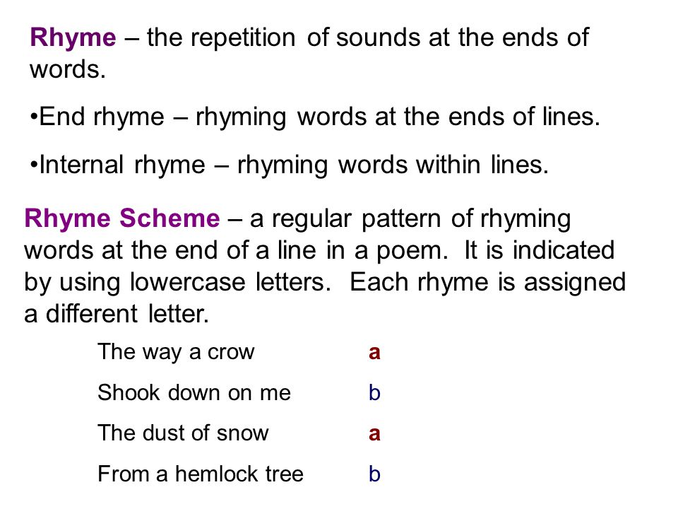 Rhyme – the repetition of sounds at the ends of words.