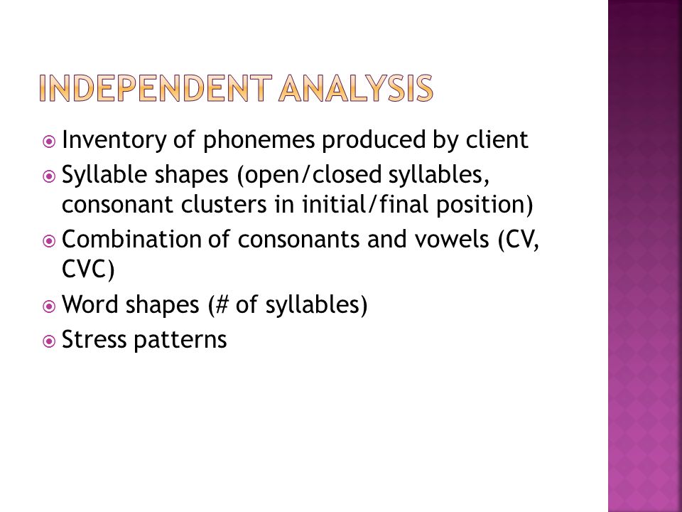 Independent analysis Inventory of phonemes produced by client