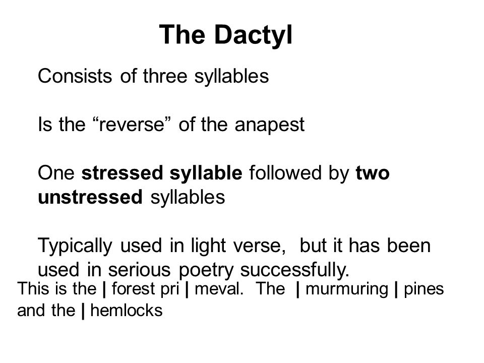 The Dactyl Consists of three syllables Is the reverse of the anapest