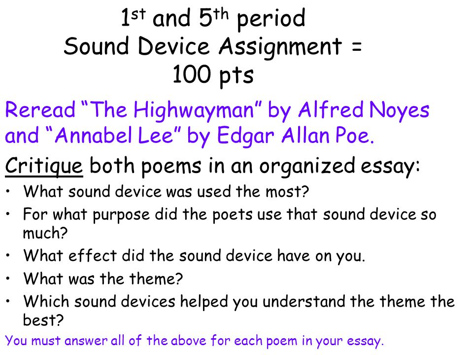 1st and 5th period Sound Device Assignment = 100 pts