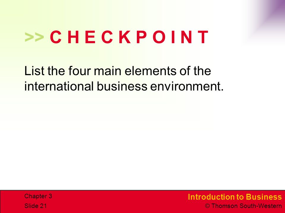 CHAPTER 3 4/15/2017. >> C H E C K P O I N T. List the four main elements of the international business environment.