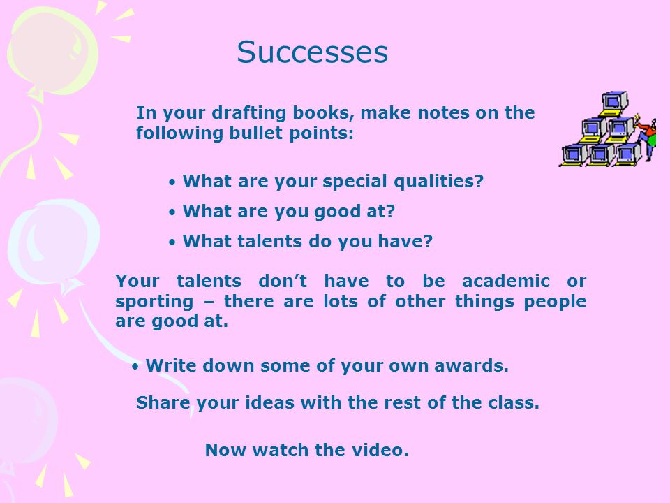 Successes In your drafting books, make notes on the following bullet points: What are your special qualities