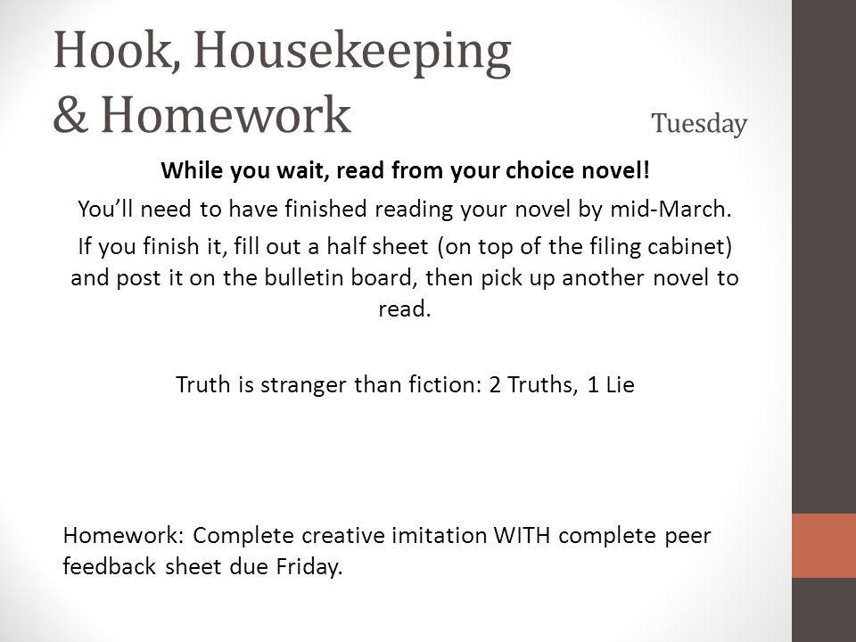 Hook, Housekeeping & Homework Tuesday