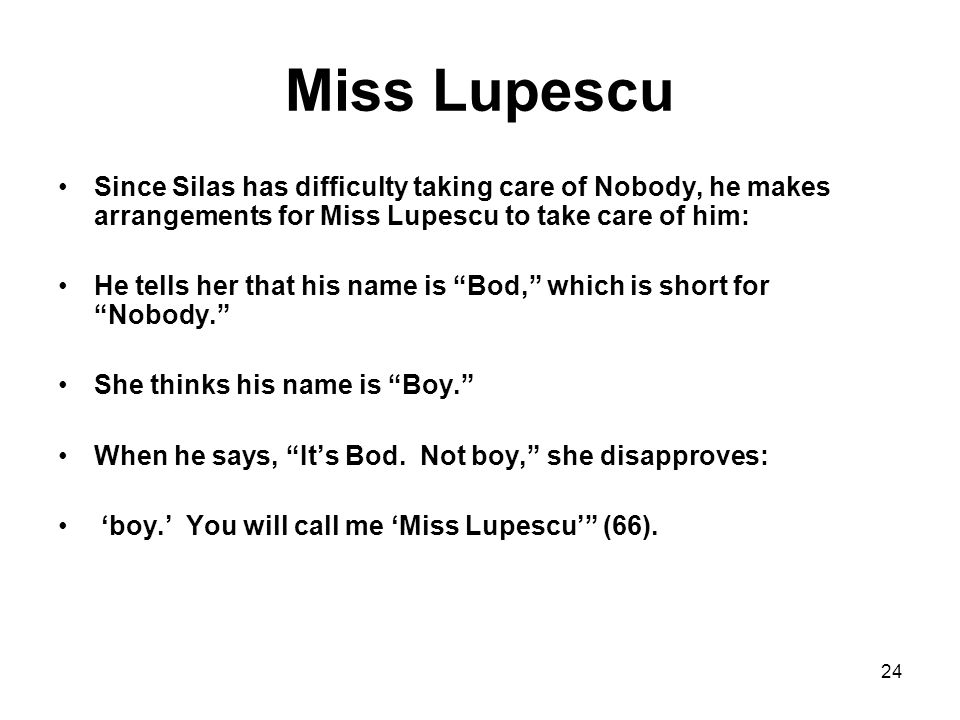 Miss Lupescu Since Silas has difficulty taking care of Nobody, he makes arrangements for Miss Lupescu to take care of him: