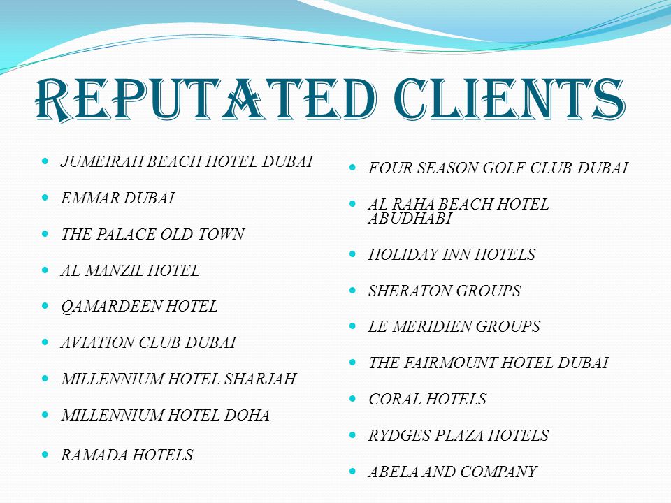 REPUTATED CLIENTS JUMEIRAH BEACH HOTEL DUBAI