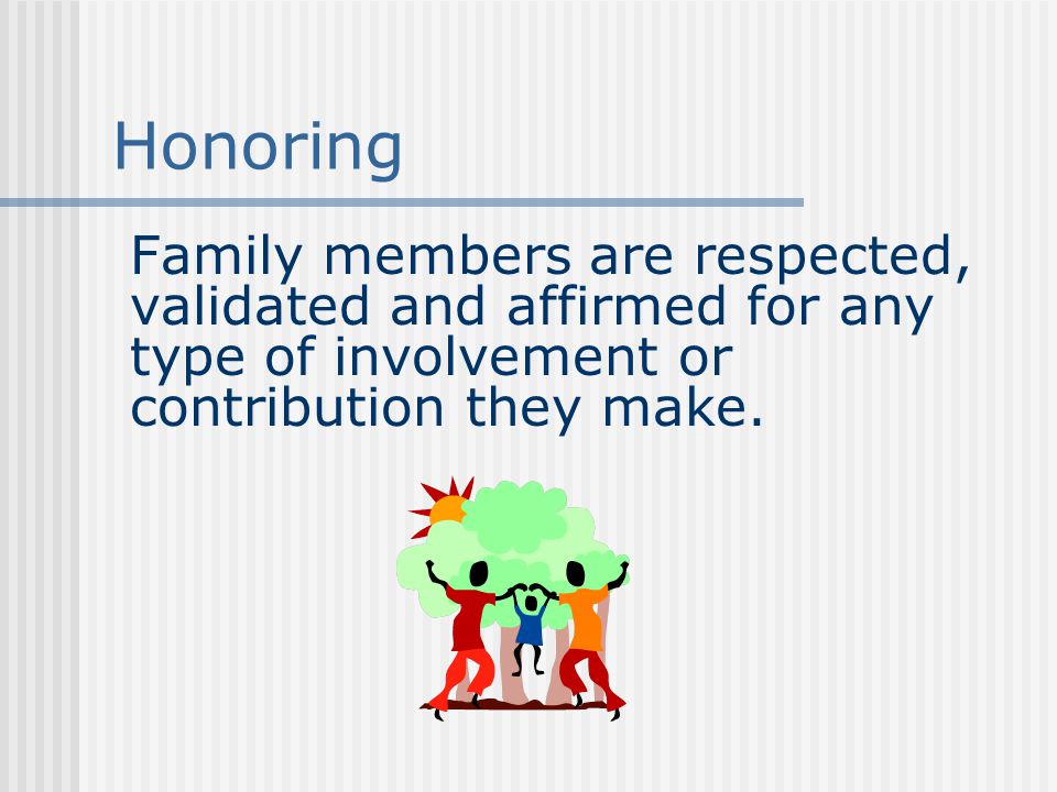 Honoring Family members are respected, validated and affirmed for any type of involvement or contribution they make.
