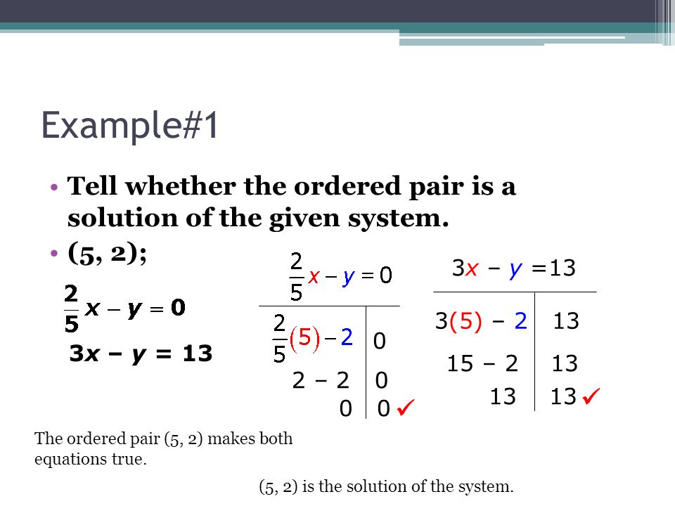 Example#1 Tell whether the ordered pair is a solution of the given system. (5, 2); 2 –