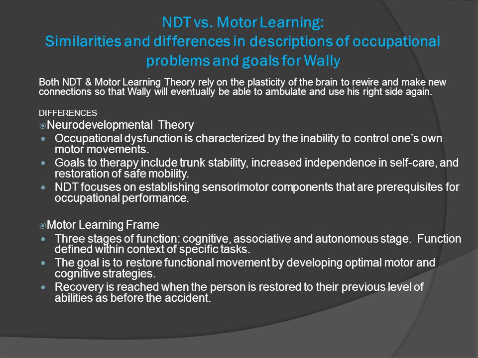NDT vs. Motor Learning: Similarities and differences in descriptions of occupational problems and goals for Wally