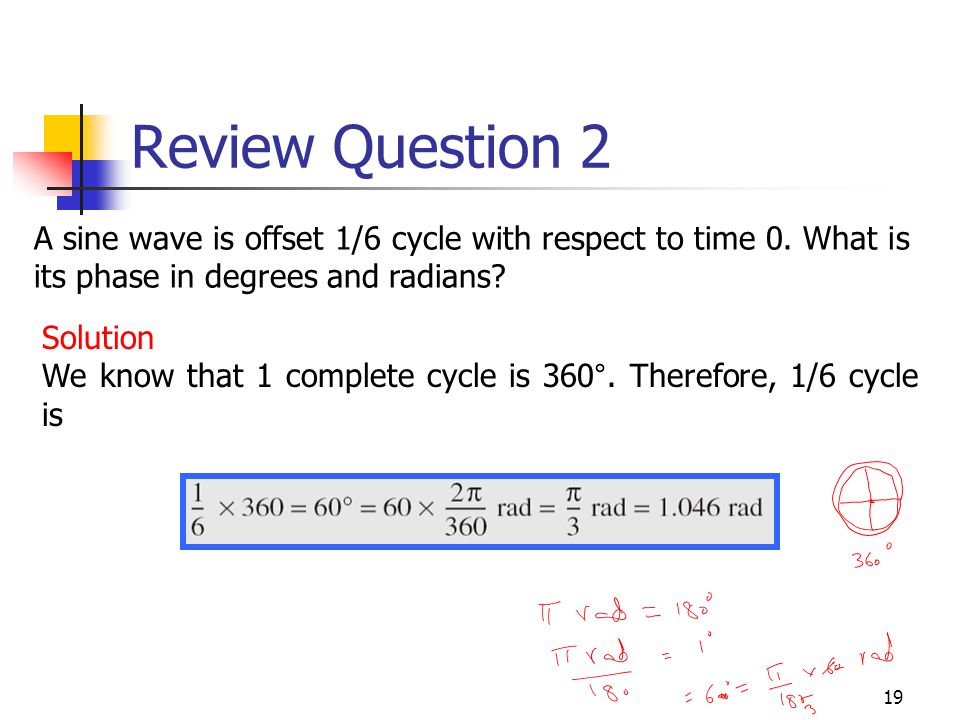 Review Question 2 A sine wave is offset 1/6 cycle with respect to time 0. What is its phase in degrees and radians