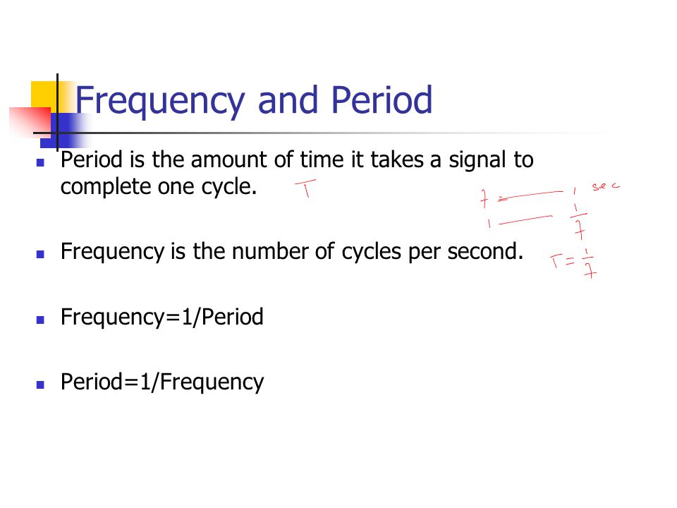 Frequency and Period Period is the amount of time it takes a signal to complete one cycle. Frequency is the number of cycles per second.