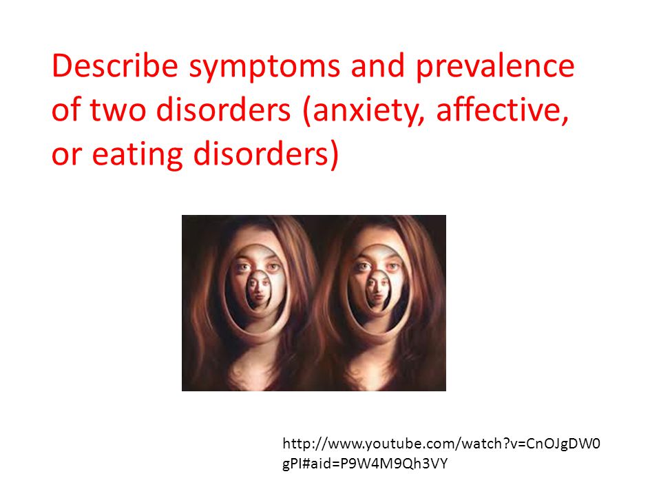 Describe symptoms and prevalence of two disorders (anxiety, affective, or eating disorders)