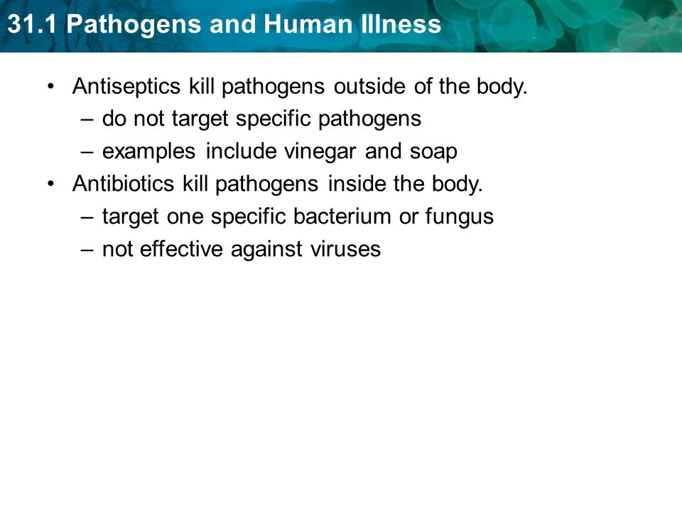 Antiseptics kill pathogens outside of the body.