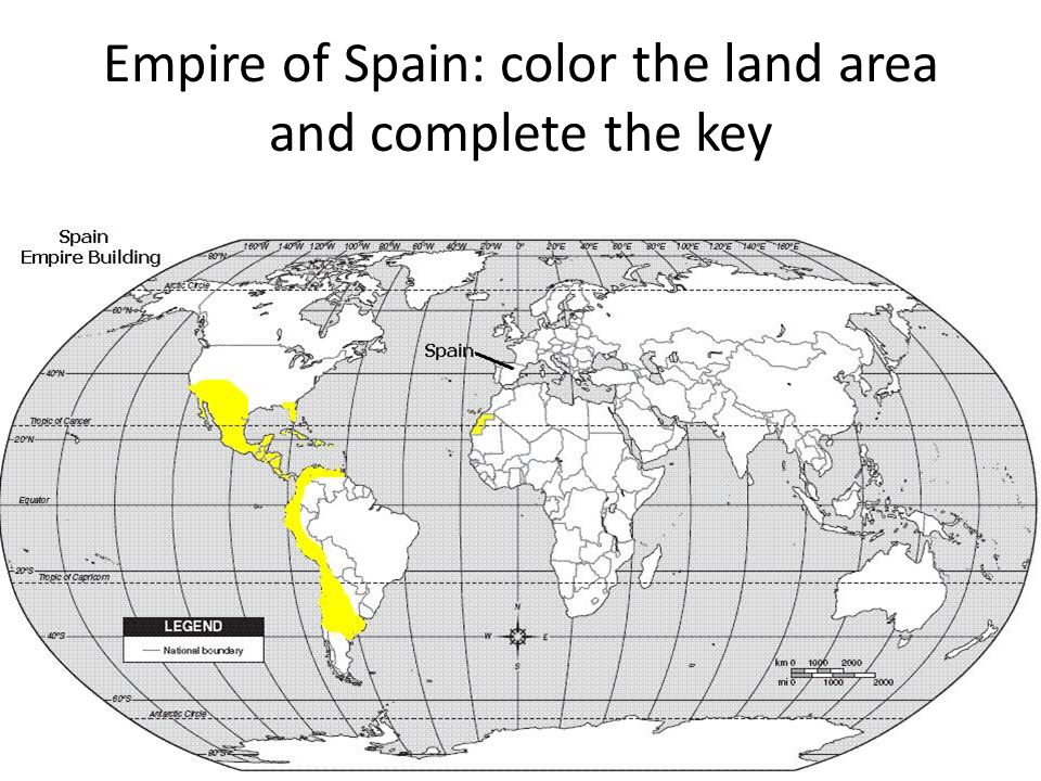 Empire of Spain: color the land area and complete the key