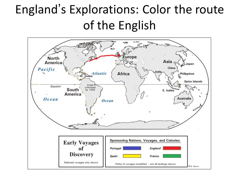 England’s Explorations: Color the route of the English