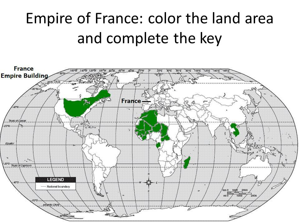 Empire of France: color the land area and complete the key