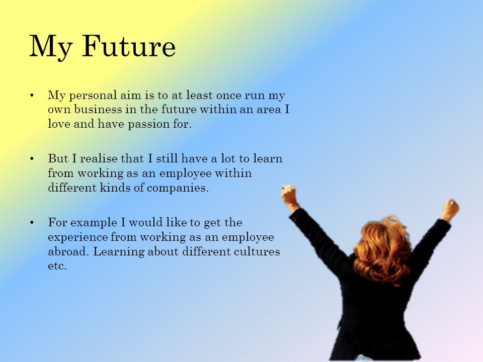 My Future My personal aim is to at least once run my own business in the future within an area I love and have passion for.