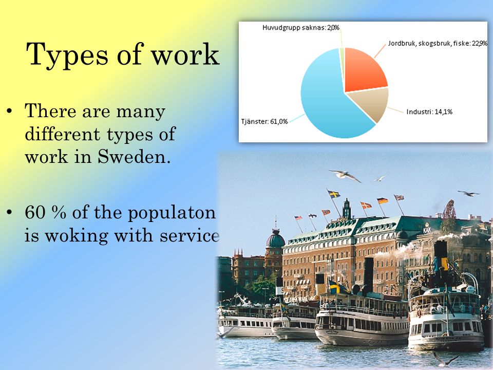Types of work There are many different types of work in Sweden.