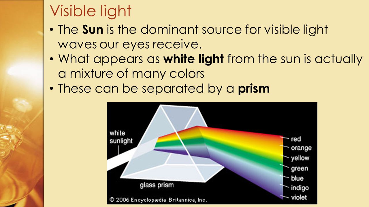 Visible light The Sun is the dominant source for visible light waves our eyes receive.