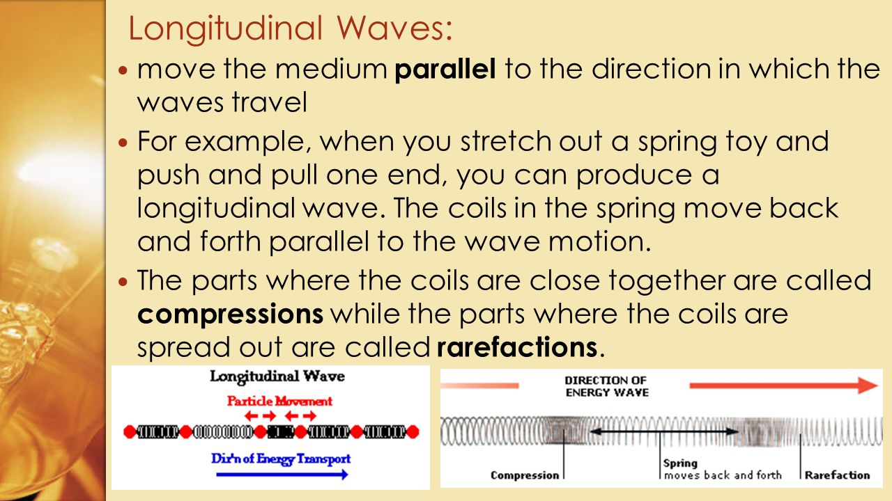 Longitudinal Waves: move the medium parallel to the direction in which the waves travel.