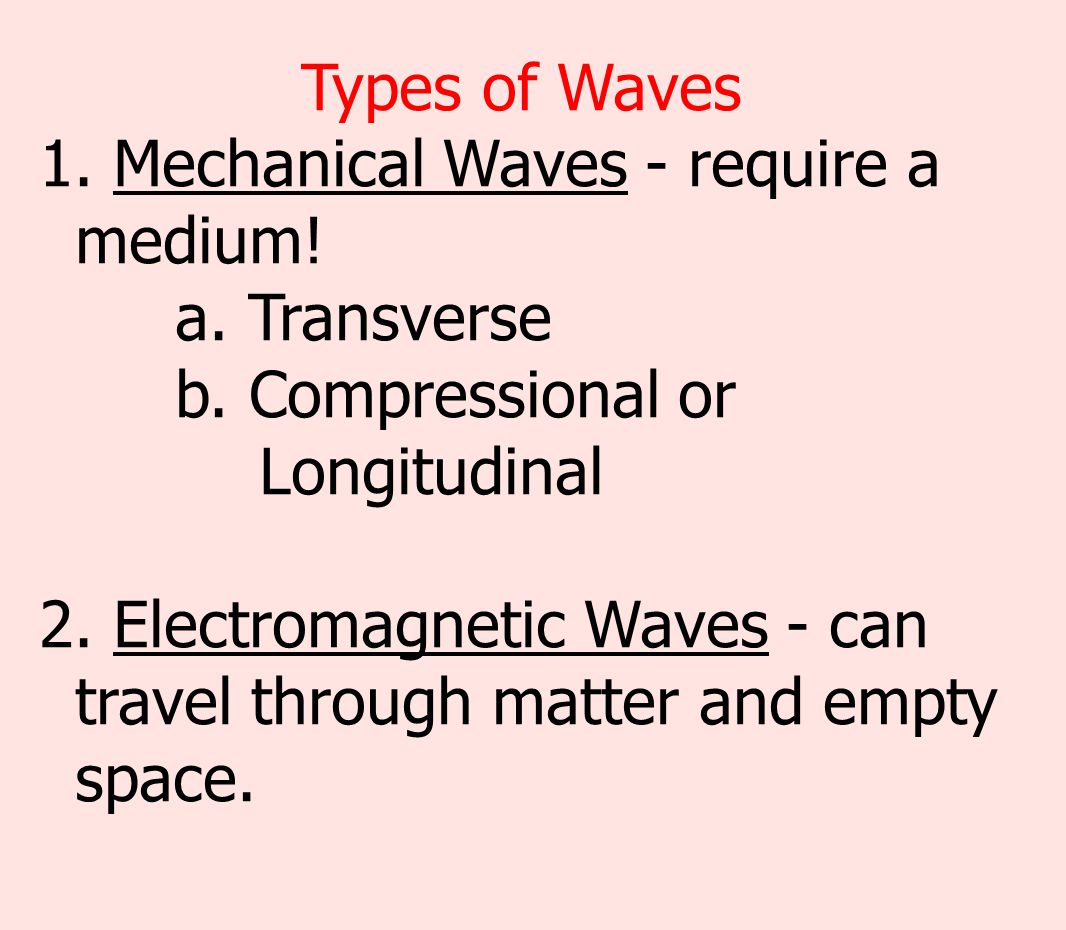 Types of Waves Mechanical Waves - require a medium! a. Transverse b. Compressional or. Longitudinal.