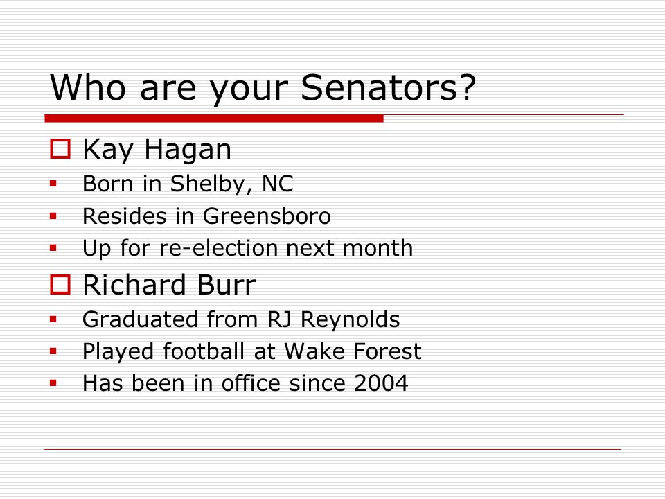 Who are your Senators Kay Hagan Richard Burr Born in Shelby, NC
