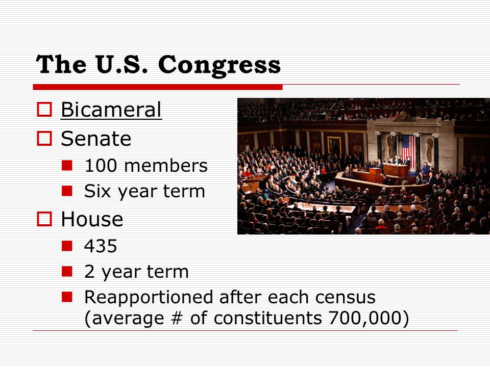 The U.S. Congress Bicameral Senate House 100 members Six year term 435