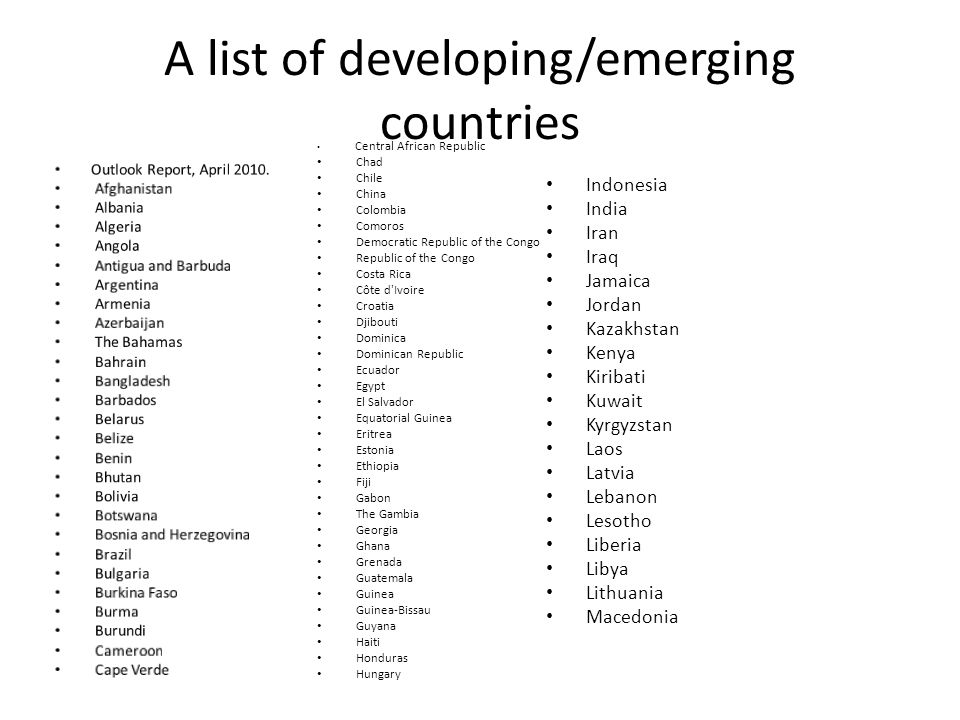 A list of developing/emerging countries