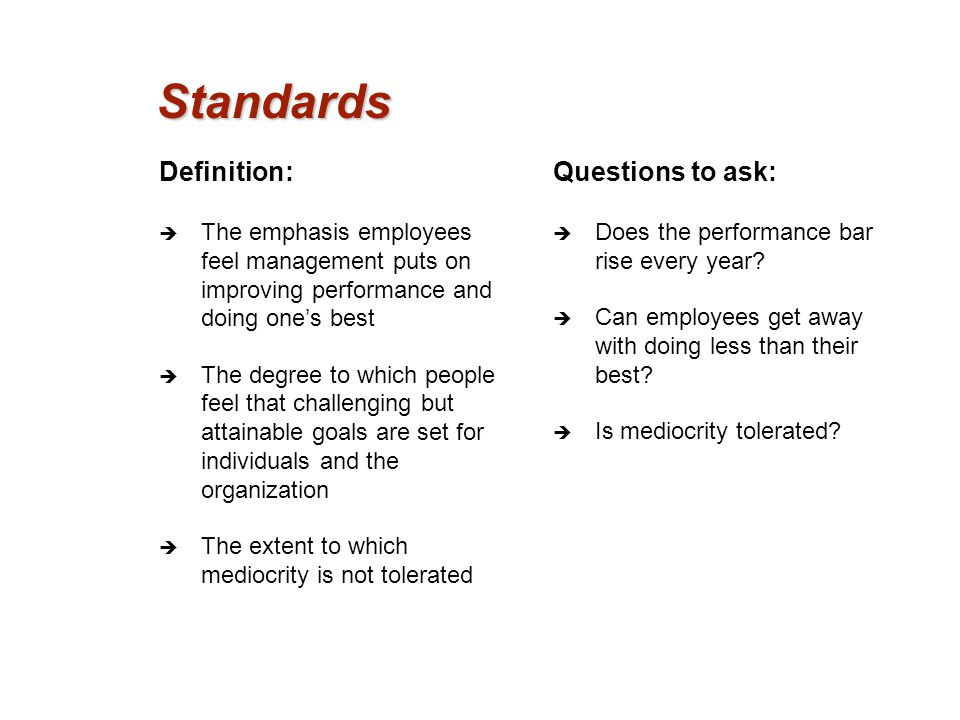 Standards Definition: Questions to ask: