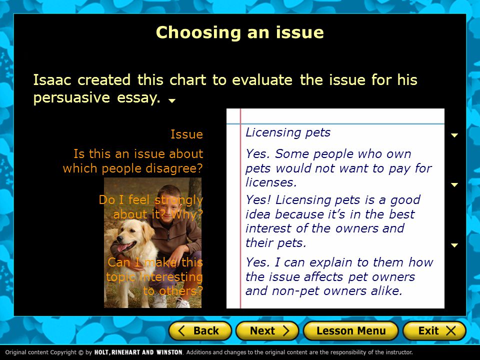 Choosing an issue Isaac created this chart to evaluate the issue for his persuasive essay. Issue. Licensing pets.