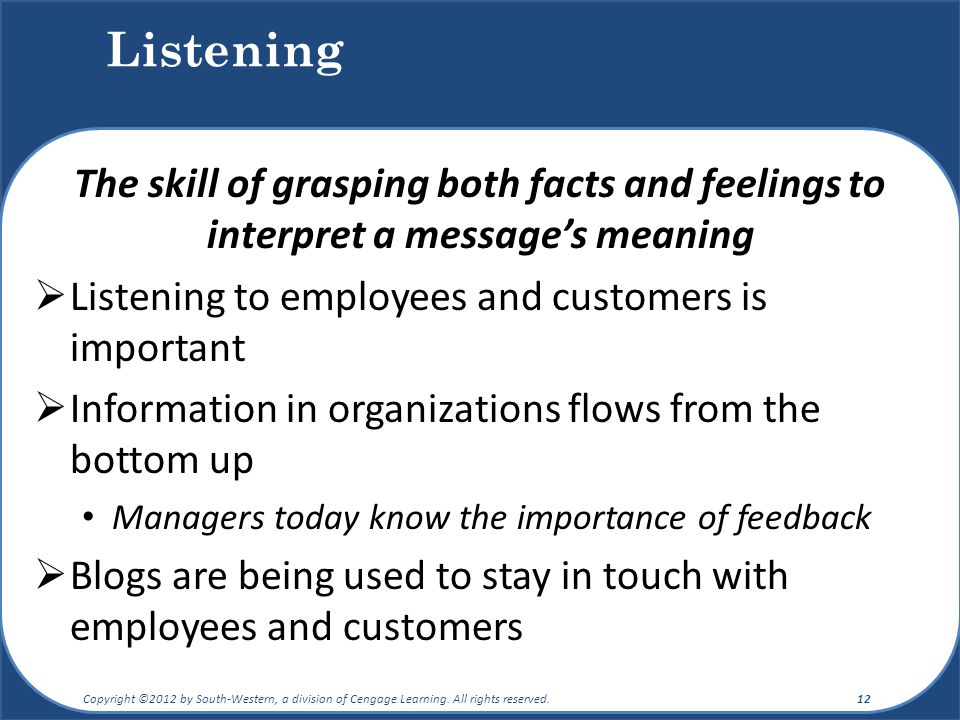 Listening The skill of grasping both facts and feelings to interpret a message’s meaning. Listening to employees and customers is important.