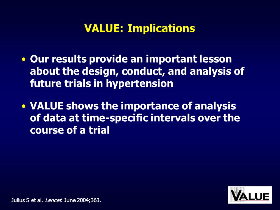 VALUE: Implications Our results provide an important lesson about the design, conduct, and analysis of future trials in hypertension.