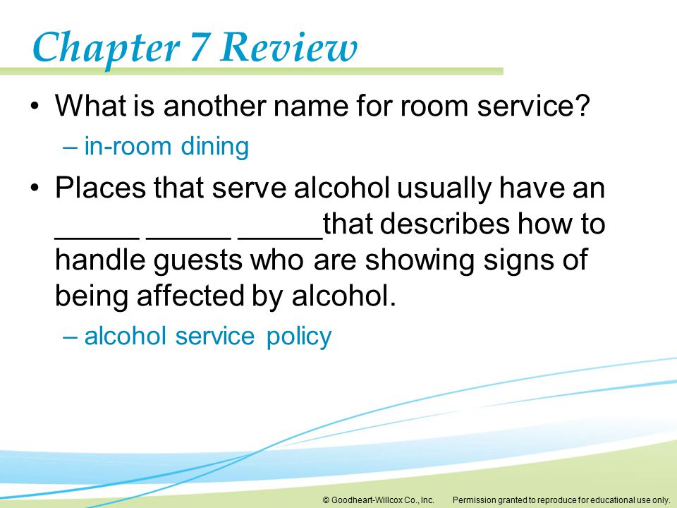 Chapter 7 Review What is another name for room service
