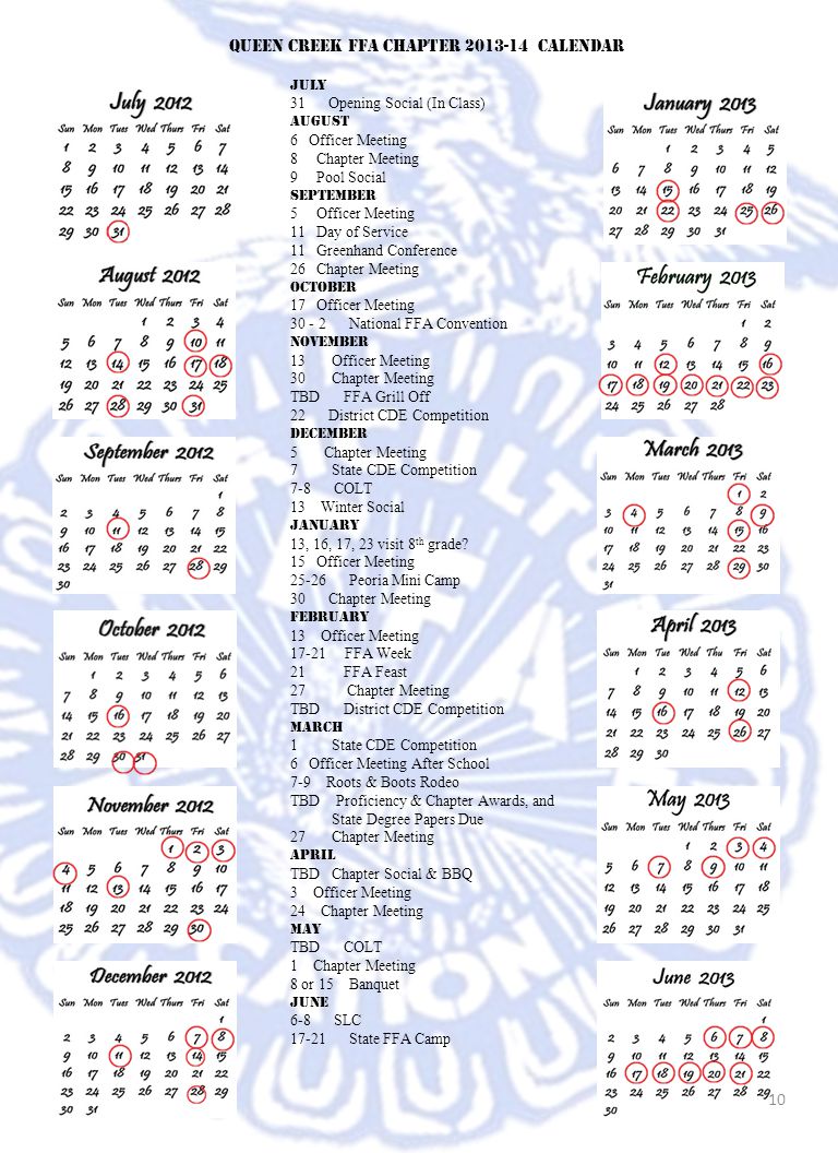 Queen Creek FFA Chapter Calendar