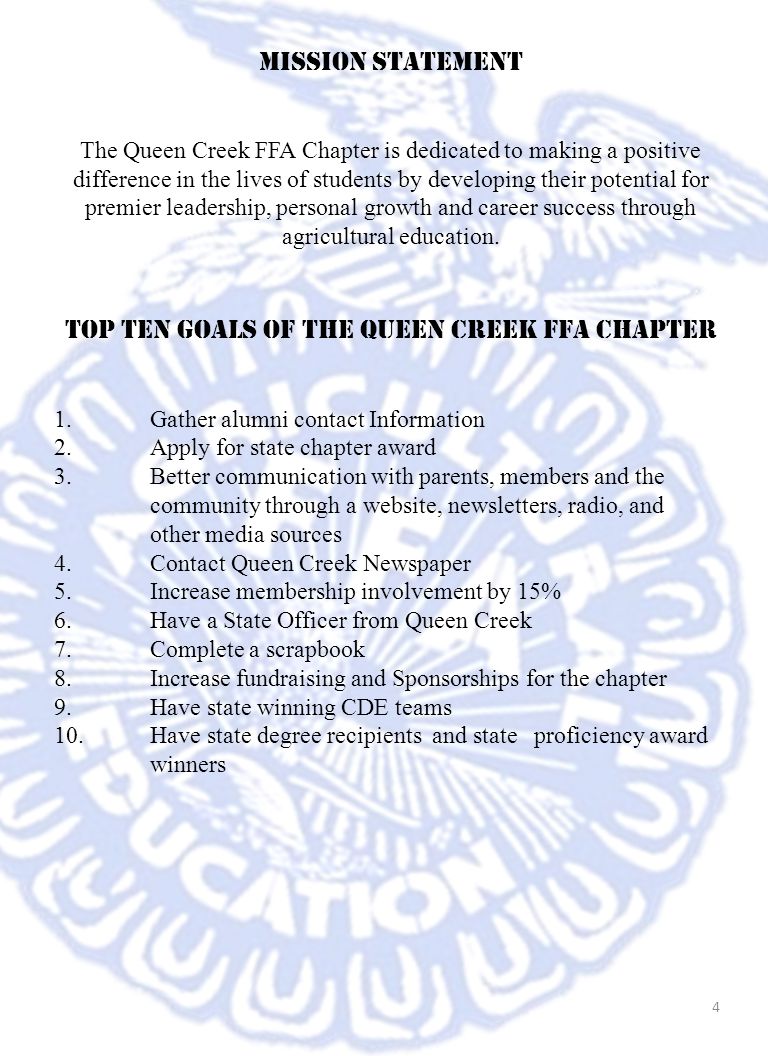 Top Ten Goals of the Queen Creek FFA Chapter