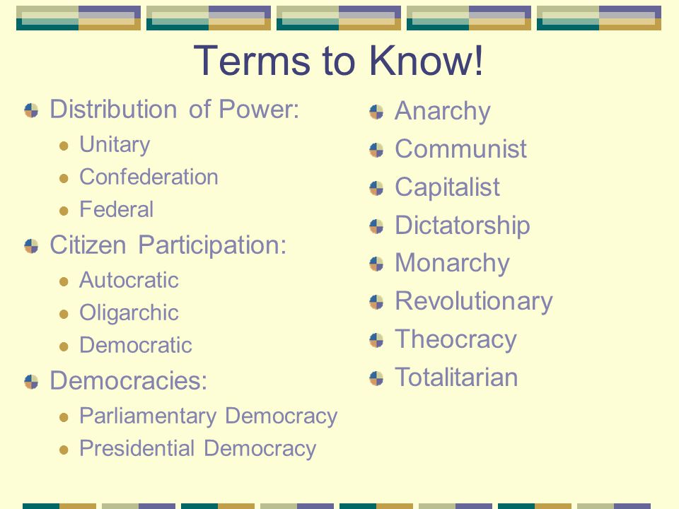 Terms to Know! Distribution of Power: Anarchy Communist Capitalist