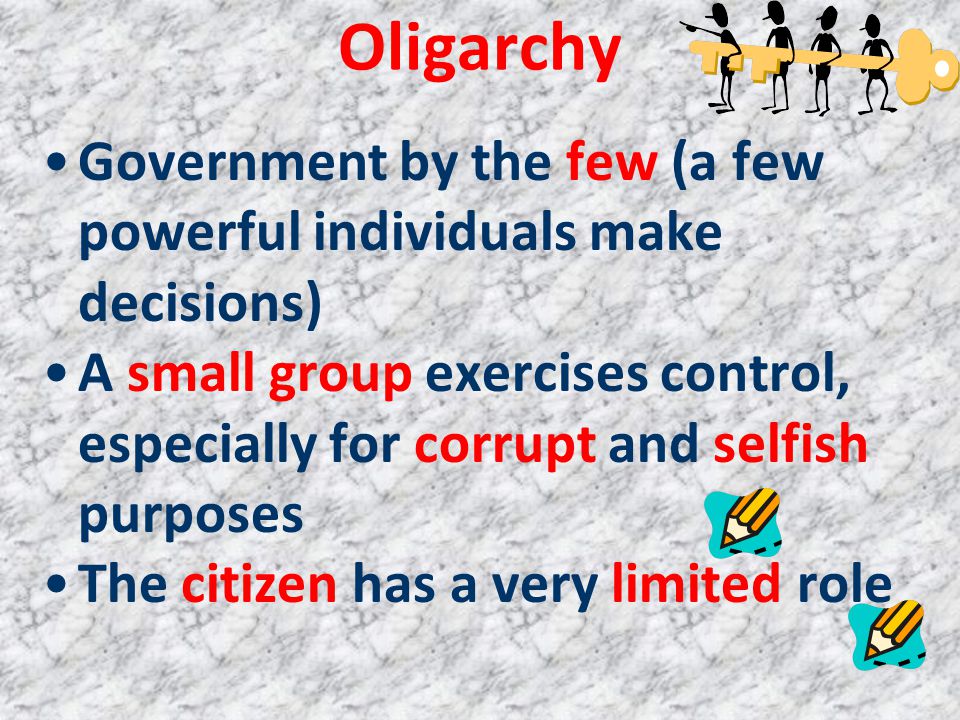 Oligarchy Government by the few (a few powerful individuals make decisions)