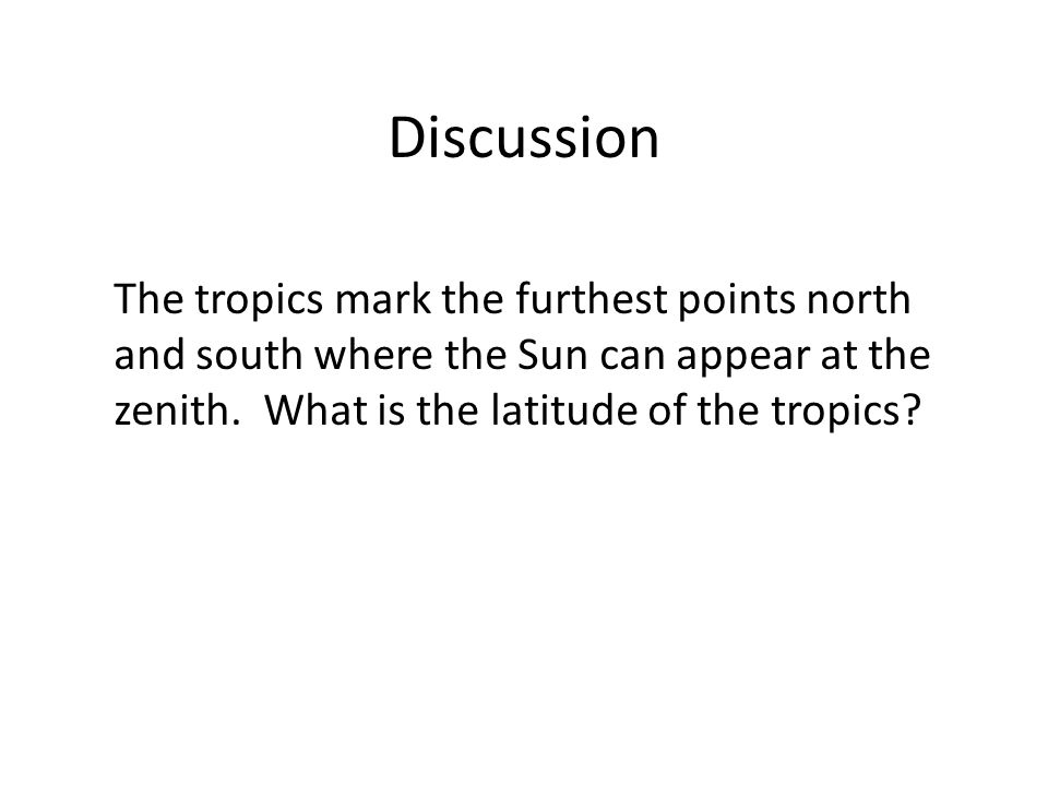 Discussion The tropics mark the furthest points north and south where the Sun can appear at the zenith.