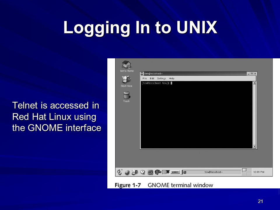 Logging In to UNIX Telnet is accessed in Red Hat Linux using the GNOME interface