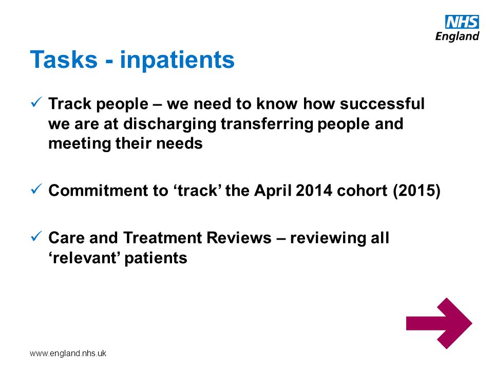 Tasks - inpatients Track people – we need to know how successful we are at discharging transferring people and meeting their needs.