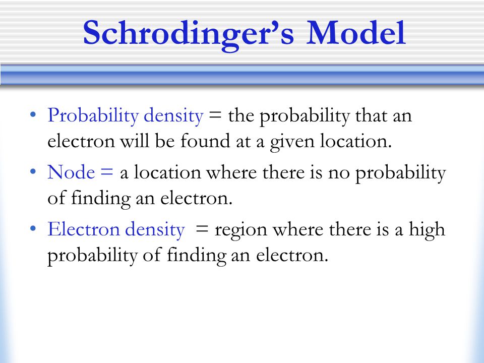 Schrodinger’s Model Probability density = the probability that an electron will be found at a given location.