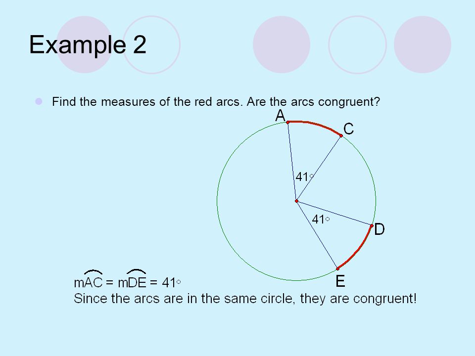 Example 2 Find the measures of the red arcs. Are the arcs congruent