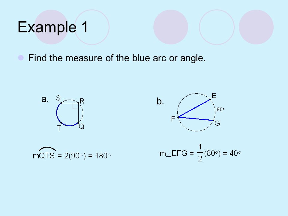 Example 1 Find the measure of the blue arc or angle. a. b.