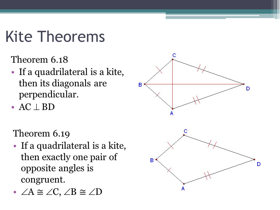 Kite Theorems Theorem If a quadrilateral is a kite, then its diagonals are perpendicular. AC  BD.