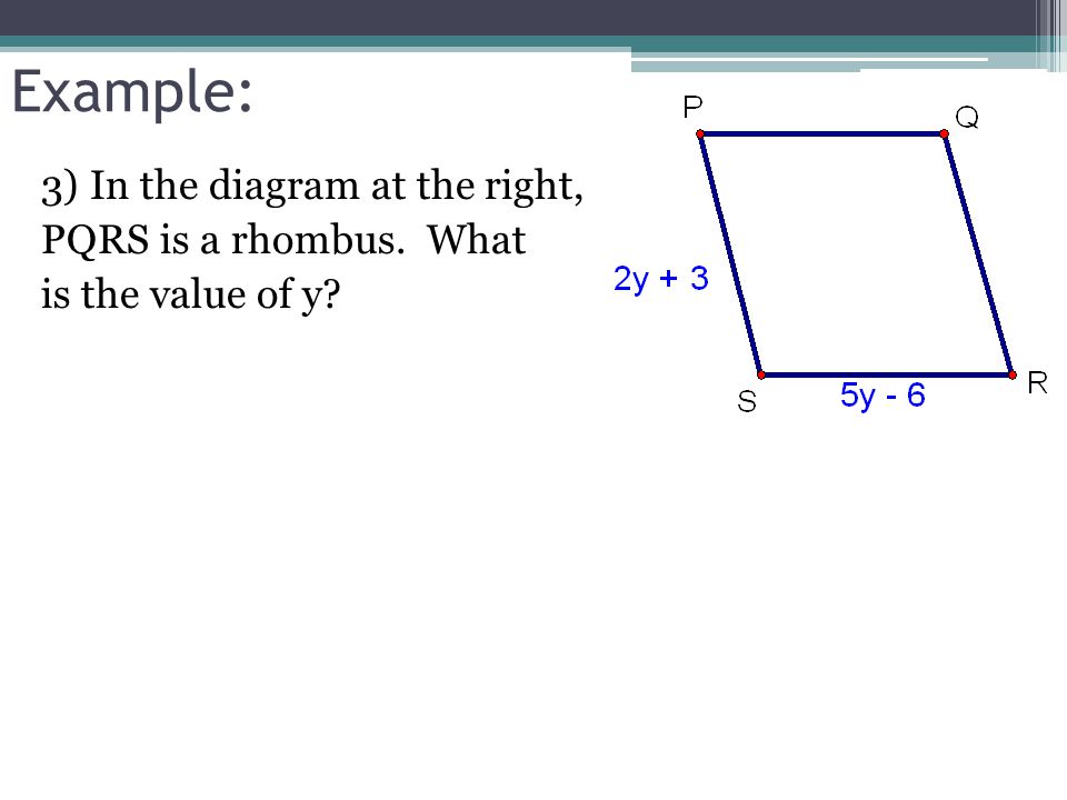 Example: 3) In the diagram at the right, PQRS is a rhombus. What