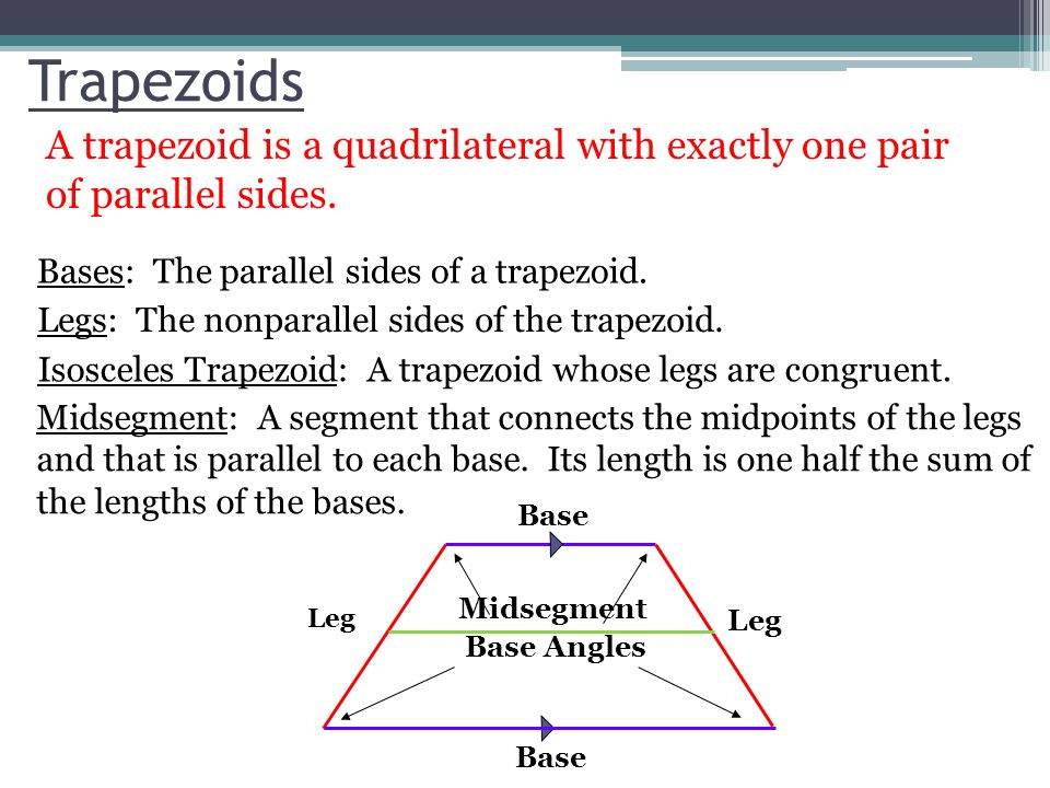 Trapezoids A trapezoid is a quadrilateral with exactly one pair of parallel sides. Bases: The parallel sides of a trapezoid.